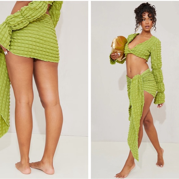 2 Piece Olive Bubble Textured Tie Side Beach Top & Sarong - Picture 5 of 5
